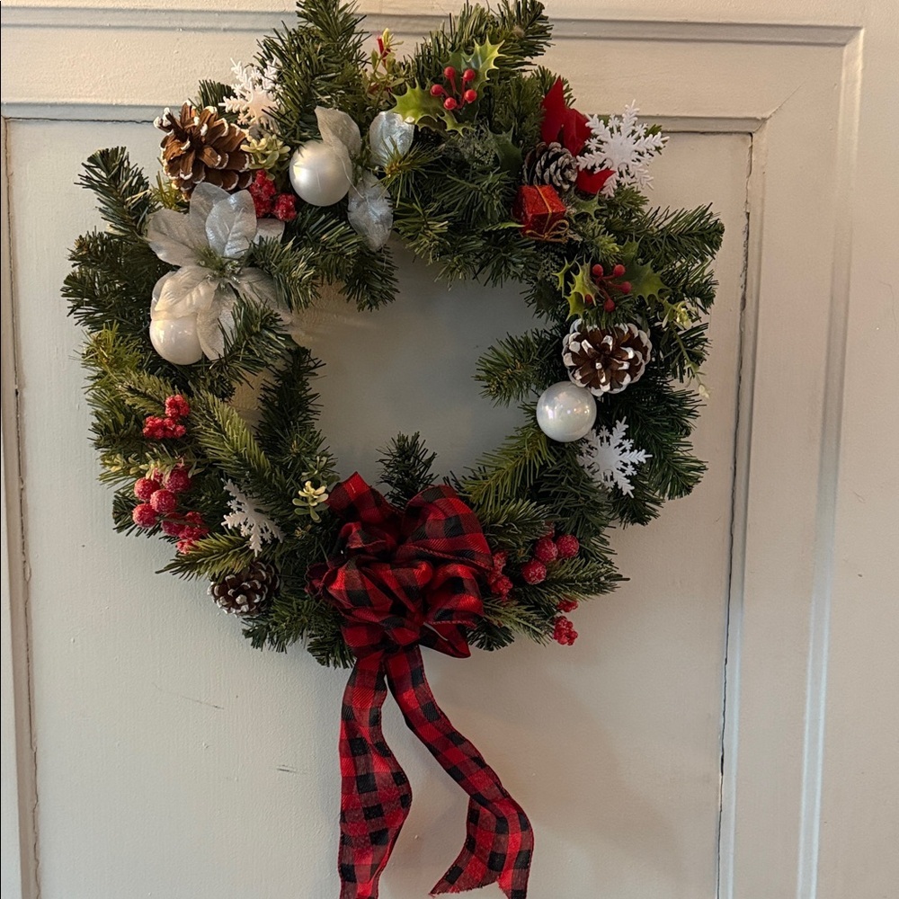 Festive 15 inch Holiday Wreath with Red and Green and snowflake ornament accents